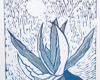 Impression linogravure sur agave : dégradé violet turquoise, oeuvre d'art sculptée à la main