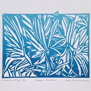 AGAVE DI SANREMO, linoleografia a colori. Foglie di agave stampate in una sfumatura di blu turchese. Stampa artistica originale, realizzata a mano.