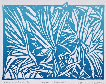 Linogravure sur agave : dégradé de bleu turquoise, art fait main
