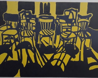 JAJCE II linocut. Empty chairs in the former Yugoslavia meeting hall in Bosnia and Herzegovina. Original, yellow- and-black printmaking art.
