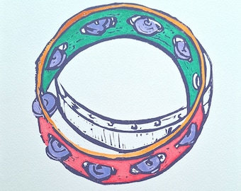Linogravure au tambourin peinte à la main : Impression d'art rouge, vert et violet