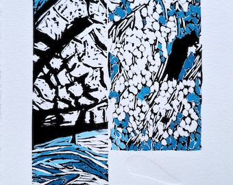 Miniature Abstract Linocut Print: Blue Winter Scene, Hand-Painted Art