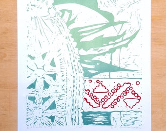 Croatian Folk Art Linocut Print: Green Agave, Red Detail