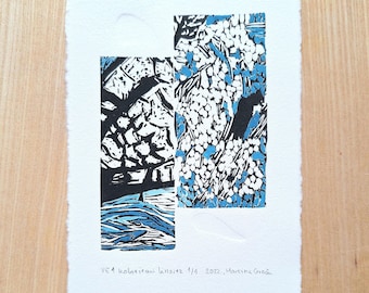 Impression linogravure abstraite miniature : scène d'hiver bleu, oeuvre d'art peinte à la main