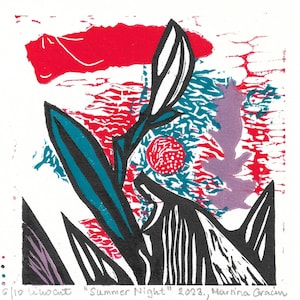 NOTTE D'ESTATE, una linoleografia a colori. Agave, oleandro e lavanda al tramonto. Viola, rosso e turchese, stampa originale realizzata a mano.
