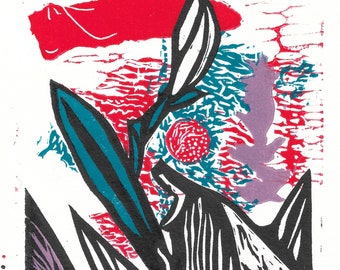 Impression linogravure Summer Night : art du coucher de soleil méditerranéen