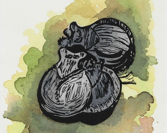 Linogravure de castagnettes peintes à la main : art instrumental espagnol
