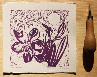Purple Oleander Linocut Print, Handmade Flower Art