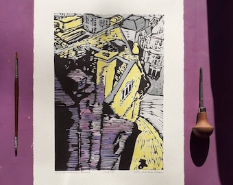 Oxford Linocut Print: Carfax Tower, Hand-Painted Original Art