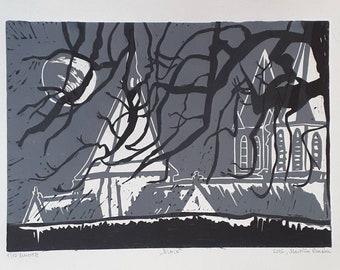 Blois France Linocut Print: Medieval Church Art, Black & Grey
