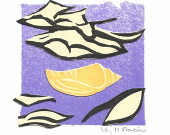 Vents chauds : collage original d'impressions côtières, paysage marin fait main, art violet, noir, jaune et blanc