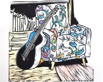 Hand-Painted Linocut Print: Guitar and Armchair Still Life