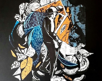 Impression collage PATRIMOINE : linogravure originale, architecture, homme avec des ailes