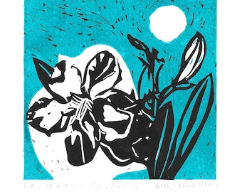 Oleander Linocut Print, Moonlit Teal Botanical Art