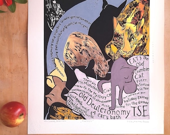 Hand-Painted Cat Linocut Print Inspired by T.S. Eliot | Gouache Linoprint | Literary Cat Art