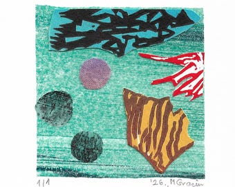 Profondeur de la mer : impression collage originale (sarcelle, noir, jaune, marron, rouge et violet)