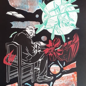 May include: A black and white illustration of a person sitting in a chair, reading a book. The background is a dark blue with a green floral design and red accents. The text "Peace" is written in the bottom left corner of the image.