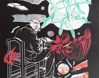 Impression collage originale : homme lisant, laurier rose, rameau d'olivier