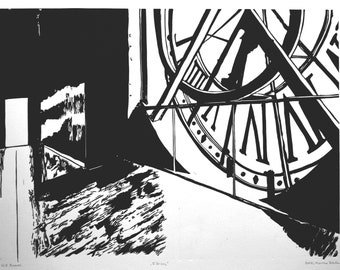 D&#39;Orsay linocut. A big clock in the &quot;Orsay Museum&quot; in Paris, France. Hand-made,hand-carved, and black-and-white, original printmaking art.