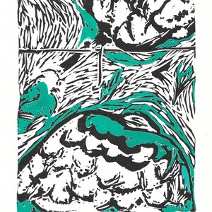 Una stampa linoleografica astratta in miniatura III. Una composizione verde, bianca e nera. Stampata in nero, poi dipinta a mano: un'arte unica, fatta a mano.