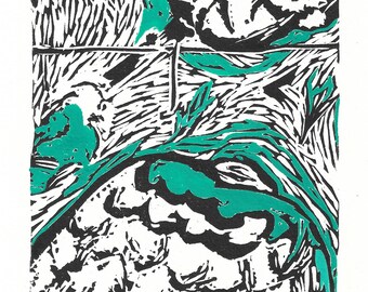 Impression linogravure abstraite miniature : oeuvres d'art vertes et noires peintes à la main