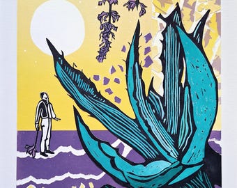 Art surréaliste de collage en linogravure 30 x 30 cm - Impression peinte à la main, paysage botanique, art mural moderne