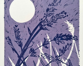 Lavender Linocut Print – Moonlit Botanical Art, Purple Night Sky, Nature Wall Decor, Limited Edition