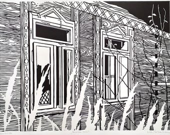 Impression linogravure House of Posavina : oeuvre d'art en bois abandonnée