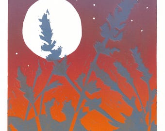 Lavender Field Linocut Print: Moonlit Sunset Art