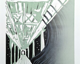 BIR HAKEIM linocut. The bridge in Paris, France, a famous movie location. Hand-made, grey-and-petroleum green original printmaking art.