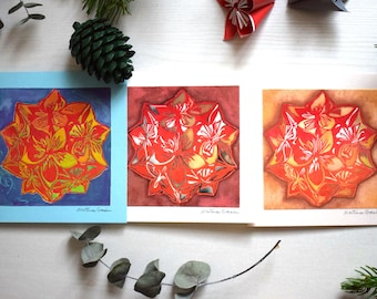Kusudama Greeting Cards Set, Origami Flower Cards, Handmade Linocut Stationery, Hand-Painted Gift