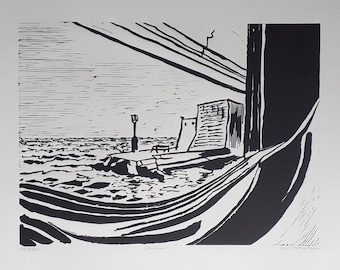 Dubrovnik Linocut Print: Croatia Boat View, Black and White Art