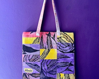 Handmade Agave Leaves Canvas Tote Bag: Lino-Printed Patchwork