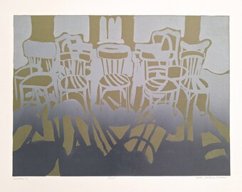 Original Bosnia Linocut Print, Empty Chairs Wall Art, Jajce Historical, Handmade Fine Art