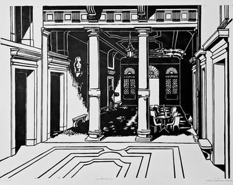 Linogravure Ca' Rezzonico : cour du palais de Venise, oeuvres d'art en noir et blanc