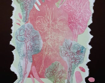 Collage floral printanier : art de la gravure monotype rose et vert