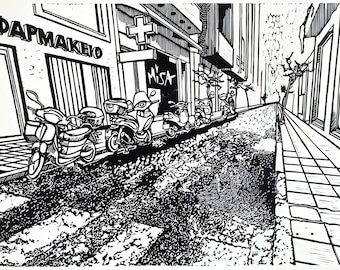 Heraklion Crete Linocut Print – Greek Street Scene, Black & White Cityscape, Mediterranean Wall Art
