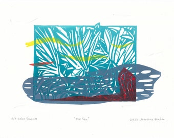 Impression linogravure paysage marin unique : turquoise, violet et rouge
