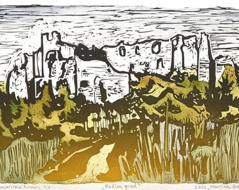 Hand-Painted Watercolor Linocut: Ružica Grad Medieval Fortress Art