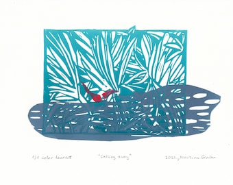 Impression linogravure Sailing Away : oiseau rouge sur un bateau en agave, oeuvre d'art unique à la main