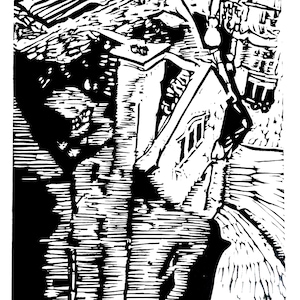 Linoleografia di Oxford raffigurante la vista a volo d'uccello dalla Carfax Tower di Oxford, Inghilterra. Stampa architettonica originale in bianco e nero.