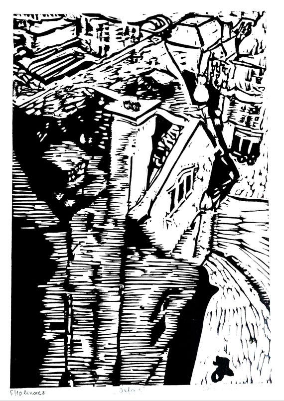 Oxford Linocut Print: Carfax Tower Birds-Eye View