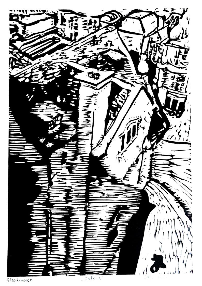 It shows a birds-eye view from the Carfax tower in Oxford, England. In the foreground is a nineteenth-century building. The building's roof and a chimney are in the light while the rest is in the shadow. There is also a shadow of a man on a bike.
