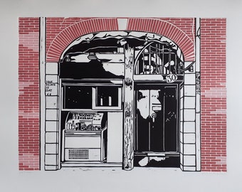 TOULOUSE linocut. An old wooden door in a French city surrounded by a modern shop and a red and pink brick wall. Original, hand-made art.