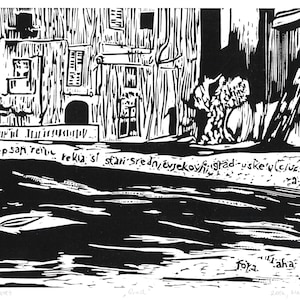 Linoleografia di TOWN. Un'antica piazza di Sanremo, città mediterranea e medievale in Italia. Stampa originale in bianco e nero, realizzata a mano.