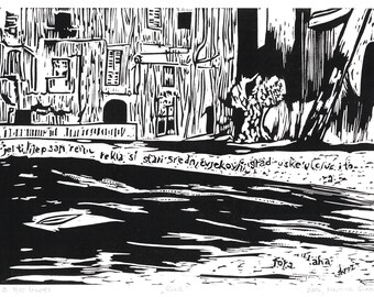 Sanremo Italy Linocut Print: Black & White Medieval Cityscape