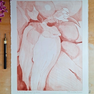 Arte astratta ispirata alla natura, di colore rosso-marrone, simile a un'aquila, realizzata con tecniche di intaglio (acquaforte e acquatinta). Stampa originale fatta a mano.