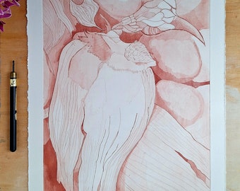 Botanical Etching & Aquatint Print – Organic, Eagle-like Abstract Plant Form, Terracotta Tones, Limited Edition Art