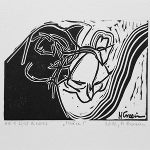 CATS I. A black and a white cat looking in the same direction. Hand-made, hand-carved, black-and-white linocut, original printmaking art.