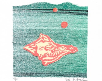 Mer verte et coquillage rouge : impression collage originale, art mural côtier, art paysage marin fait main